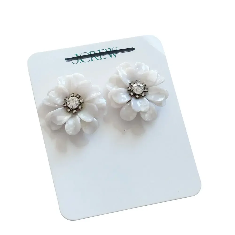 J.Crew Full Bloom Flower Earrings Oversized White Resin Statement Studs Pave NWT